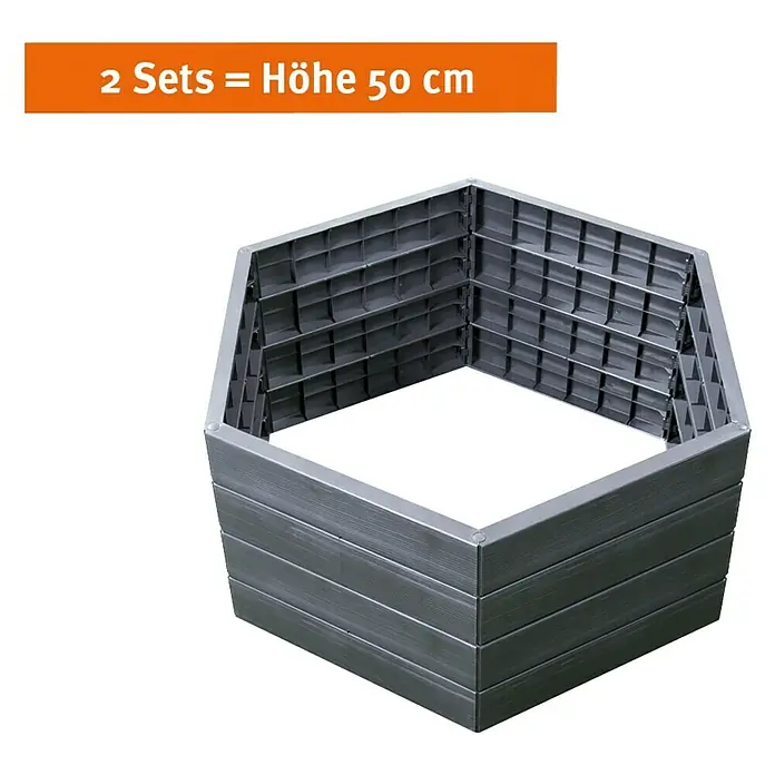 Garantia Hochbeet Ergo Wood - Ø x H: 110 x 25 cm, Kunststoff, Anthrazit - Bild eines sechseckigen Hochbeets in Grau. Zwei Sets ergeben eine Höhe von 50 cm.