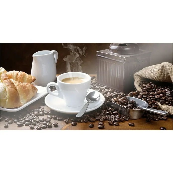 CUCINE Küchenrückwand - Coffee Fragrance, 80 x 40 cm, Stärke: 6 mm, Einscheibensicherheitsglas (ESG) - Stillleben mit Kaffee, Croissants und Bohnen. Eine Tasse Kaffee, frische Croissants und Kaffeebohnen laden zum Genießen ein.