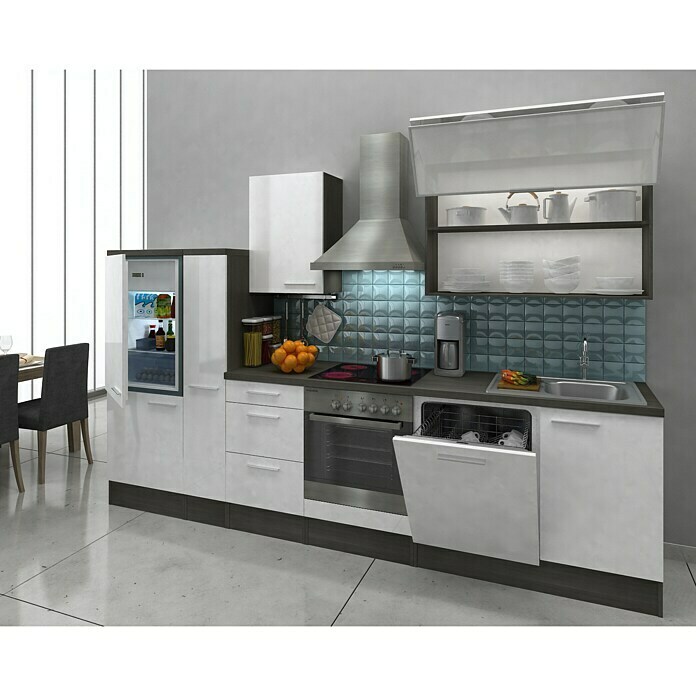 Respekta Küchenzeile Premium RP310E (L x B x H: 310 x 60 x 200 cm, Eiche Grau-Nachbildung, Weiß Hochglanz)