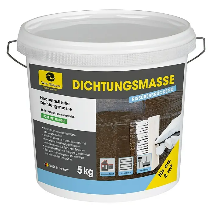 Bitumen-Dichtungsmasse Dachplast Flex - 5 kg - Abbildung eines Eimers hochelastischer Dichtungsmasse der Marke Wm. Hilgers, rissüberbrückend und lösemittelfrei für vielfältige Einsatzbereiche.