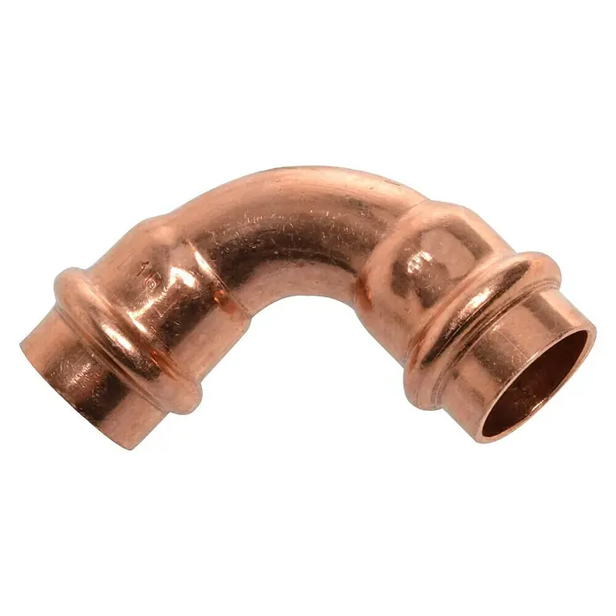 Kupfer-Pressbogen II - Durchmesser: 18 mm, Winkel: 90 °, Presskontur: V - Messing Pressfittings 90 Grad Winkel, ideal für Sanitär und Heizung. Sichere und schnelle Verbindungstechnik.