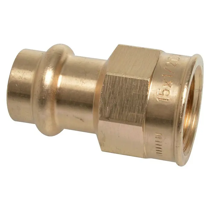Press-Übergangsmuffe - Durchmesser: 15 mm, Innengewinde: ½″, Presskontur: V - Messingfitting mit Pressanschluss und Innengewinde 15x1/2". Ideal für Sanitär- und Heizungsinstallationen.