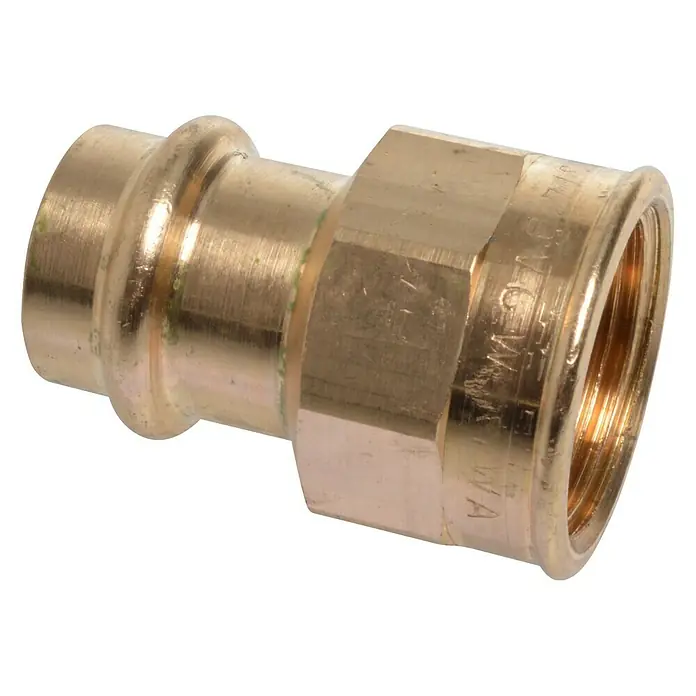 Press-Übergangsmuffe - Durchmesser: 18 mm, Innengewinde: ¾″, Presskontur: V - Messing-Pressfitting-Übergangsstück mit Innengewinde, ideal für Sanitär- und Heizungsinstallationen. Robuste Verbindung für Rohrsysteme.