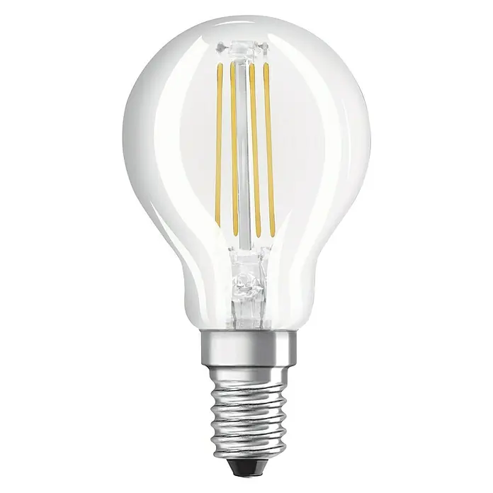 Osram Retrofit LED-Lampe Tropfenform E14 klar - E14, Nicht Dimmbar, Warmweiß, 470 lm, 4 W, 1 Stk. - Eine klare LED-Lampe mit Glühfaden, die sich ideal für den Einsatz in dekorativen Leuchten eignet und ein warmes, einladendes Licht bietet.