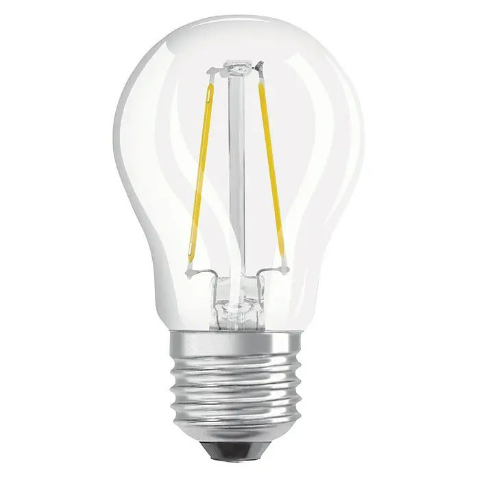 Osram LED-Lampe Retrofit Classic P - E27, Nicht Dimmbar, Warmweiß, 230 lm, 2 W - Nahaufnahme einer klaren LED-Lampe mit Glühfaden, die eine effiziente und stilvolle Beleuchtungslösung bietet.