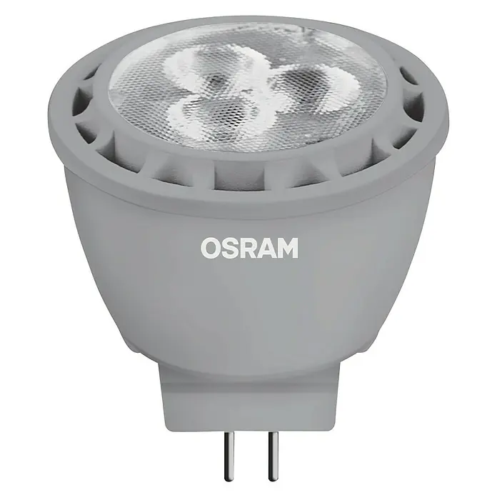Osram Bombilla LED Superstar MR11 - GU4, Intensidad regulable, Blanco cálido, 184 lm, 2,8 W - Primer plano de una bombilla LED gris de OSRAM.