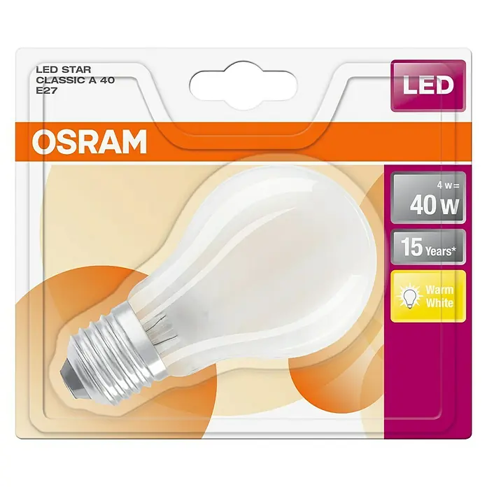 Osram LED-Lampe Glühlampenform E27 matt - E27, Nicht Dimmbar, Warmweiß, 470 lm, 4 W, Matt - Verpackung einer OSRAM LED STAR CLASSIC A 40 E27 Lampe, die 4W verbraucht und 40W entspricht, mit einer Lebensdauer von 15 Jahren und warmweißem Licht.