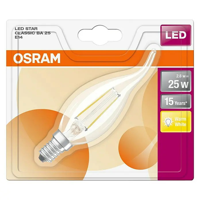 Osram LED-Lampe Retro Fit CLBA E14 - E14, Nicht Dimmbar, Warmweiß, 230 lm, 2 W - Abbildung einer Osram LED Star Classic BA25 E14 Glühbirne, die eine energieeffiziente Beleuchtungslösung darstellt.