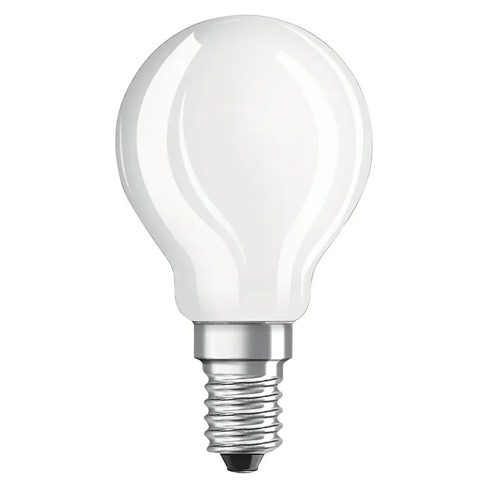 Osram LED-Lampe Tropfenform E14 matt - E14, Nicht Dimmbar, Warmweiß, 470 lm, 4 W - Nahaufnahme einer Osram Tropfenform Lampe, die auf einem weißen Hintergrund isoliert ist. Sie beleuchtet jeden Raum.