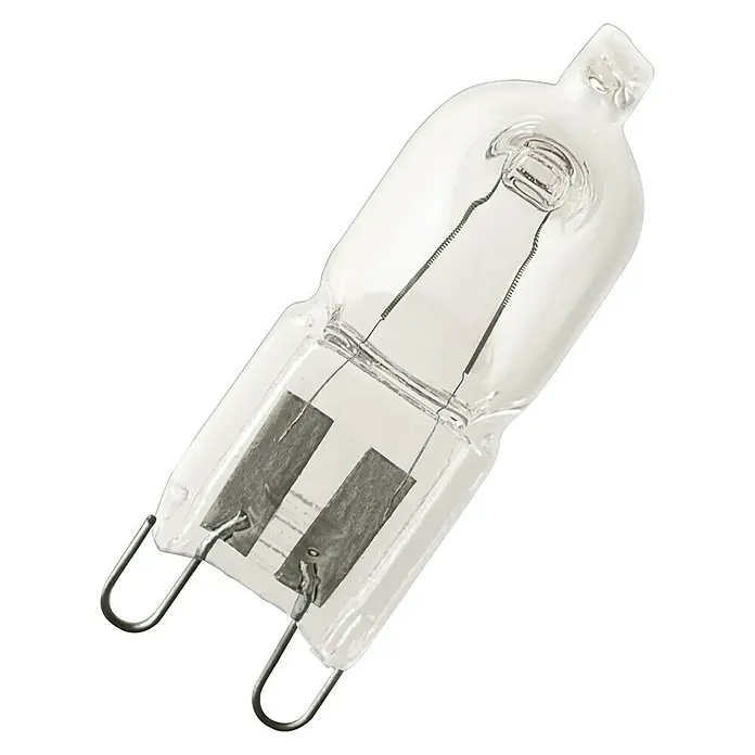 Osram Halogenstiftsockel Halopin ECO Superstar - 33 W, G9, Warmweiß, 3 Stk. - Nahaufnahme einer G9 Halogenlampe mit transparentem Glaskolben, Wolframfaden und Stiftsockel.
