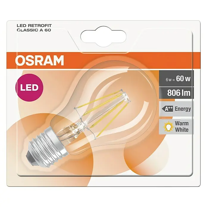 Osram Bombilla LED Retrofit Classic A - E27, No regulable, Blanco cálido, 806 lm, 6,5 W - Bombilla LED Retrofit de Osram, Classic A 60, con 6W equivalentes a 60W, 806 lúmenes, eficiencia energética A++ y luz blanca cálida.