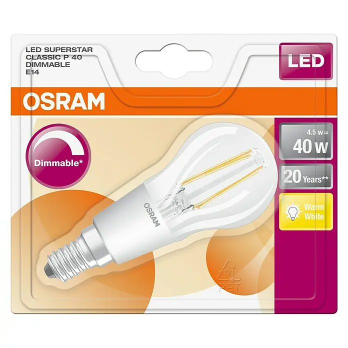 Osram LED-Lampe Tropfenform E14 klar - E14, Dimmbar, Warmweiß, 470 lm, 4,5 W - Abbildung einer OSRAM LED Superstar Classic P 40 E14 Lampe, dimmbar, mit 4,5 W, die einer 40 W Lampe entspricht, für warmweißes Licht.