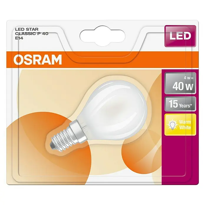 Osram LED-Lampe Tropfenform E14 matt - E14, Nicht Dimmbar, Warmweiß, 470 lm, 4 W - Nahaufnahme einer OSRAM LED STAR CLASSIC P 40 E14-Glühbirne in ihrer Verpackung.