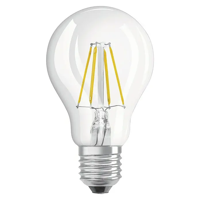 Osram LED-Lampe Glühlampenform E27 - E27, Nicht Dimmbar, Warmweiß, 136 lm, 1,2 W - Nahaufnahme einer klaren Glühbirne mit LED-Filamenten, die ein warmes, einladendes Licht ausstrahlt.