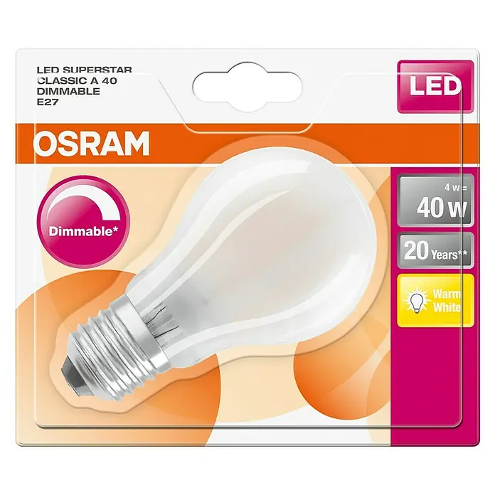 Osram LED-Lampe Glühlampenform E27 matt - E27, Dimmbar, Warmweiß, 470 lm, 5 W, Matt - LED-Lampe von Osram, Superstar Classic A 40, dimmbar, E27, energiesparend, warmweißes Licht, lange Lebensdauer.