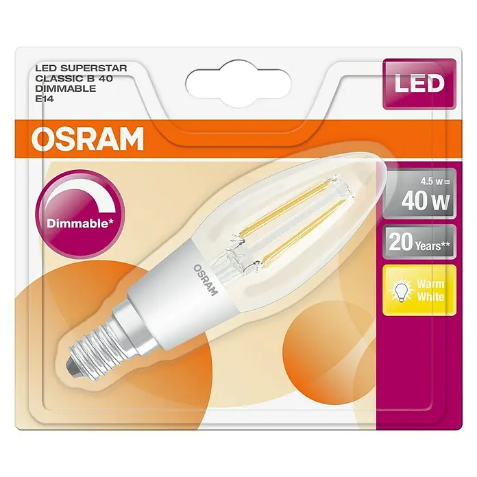 Osram LED-Lampe Kerzenform E14 klar - E14, Dimmbar, Warmweiß, 470 lm, 4,5 W - Nahaufnahme einer OSRAM LED SUPERSTAR CLASSIC B 40 DIMMBAR E14 Glühbirne in ihrer Verpackung.