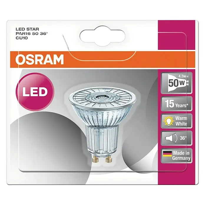 Osram LED-Lampe Reflektor GU10 - GU10, Nicht Dimmbar, Warmweiß, 350 lm, 4,3 W, Ausstrahlungswinkel: 36 ° - Produktverpackung einer Osram LED STAR PAR16 50 36° GU10 Lampe, die eine Energieeffizienz von 4,3W aufweist und 50W entspricht.