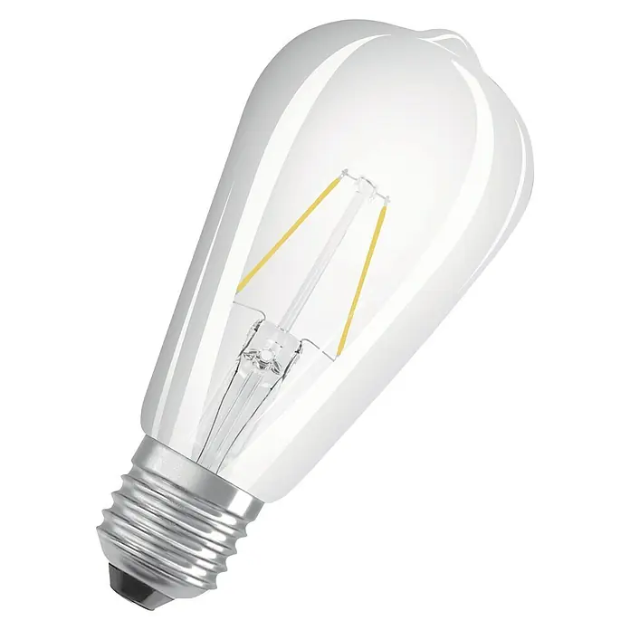 Osram LED-Lampe Vintage Glühlampenform E27 - E27, Nicht Dimmbar, Warmweiß, 250 lm, 2 W - Nahaufnahme einer klaren LED-Glühbirne mit Edison-Faden, die ein warmes, einladendes Licht für eine gemütliche Atmosphäre ausstrahlt.