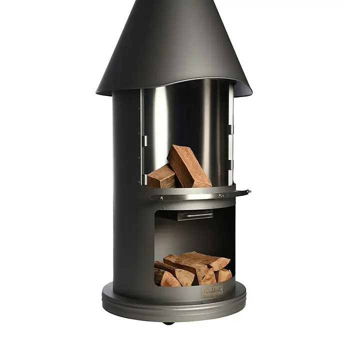 Buschbeck Grillkamin Auckland - Hauptgrillfläche: Ø 42,5 cm, Edelstahl, Dunkelgrau - Dieser moderne Außenkamin ist aus Metall gefertigt und bietet Platz für Holzscheite. Er ist eine stilvolle Wärmequelle für den Garten.