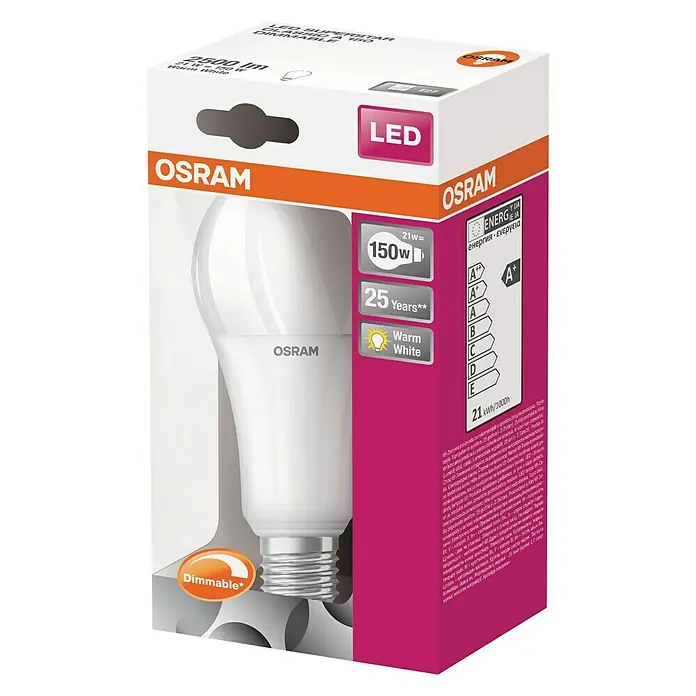 Osram LED-Lampe Glühlampenform E27 matt - E27, Dimmbar, Warmweiß, 2.452 lm, 21 W - Nahaufnahme einer OSRAM LED Superstar Classic A 160 Dimmable Glühbirne in der Verpackung, die Energieeffizienz und Lebensdauer hervorhebt.