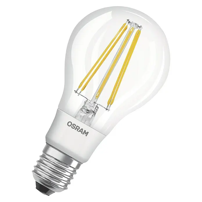 Osram LED-Lampe Glühlampenform E27 - E27, Nicht Dimmbar, Warmweiß, 1.420 lm, 11 W - Nahaufnahme einer klaren Osram LED-Glühbirne mit Glühfaden, die Energieeffizienz und modernes Design vereint.