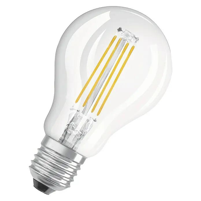 Osram LED-Lampe Retrofit Classic P - E27, Nicht Dimmbar, Warmweiß, 136 lm, 1,5 W - Nahaufnahme einer klaren LED-Glühbirne mit silberfarbenem Sockel und sichtbaren gelben Filamenten.