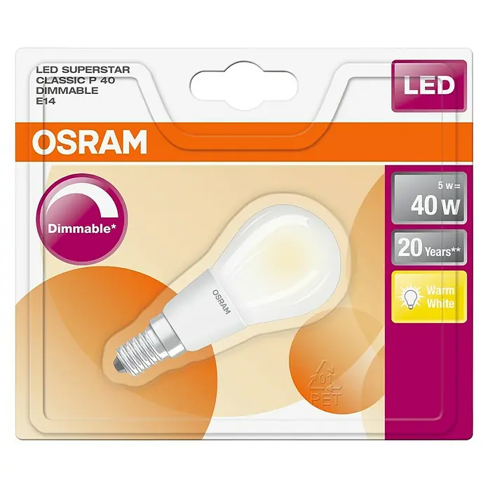 Osram LED-Lampe Tropfenform E14 matt - E14, Dimmbar, Warmweiß, 470 lm, 5 W - Verpackung einer dimmbaren Osram LED Superstar Classic P 40 E14 Lampe, die warmweißes Licht spendet und 40 Watt entspricht.