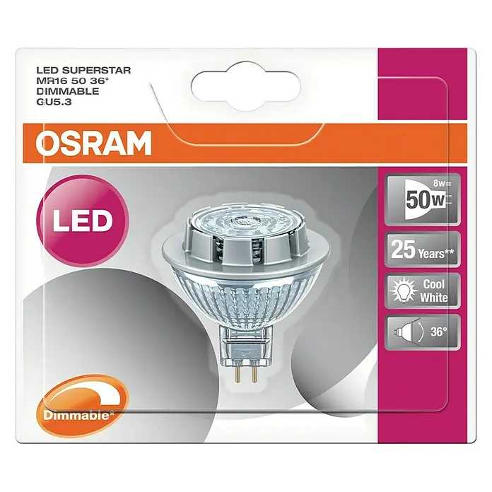 Osram LED-Lampe Pin G4 MR16 - GU5,3, Dimmbar, Kaltweiß, 621 lm, 7,8 W - Nahaufnahme der Verpackung einer Osram LED Superstar MR16 50 36° GU5.3 Dimmable LED-Lampe, die Energieeffizienz und lange Lebensdauer hervorhebt.