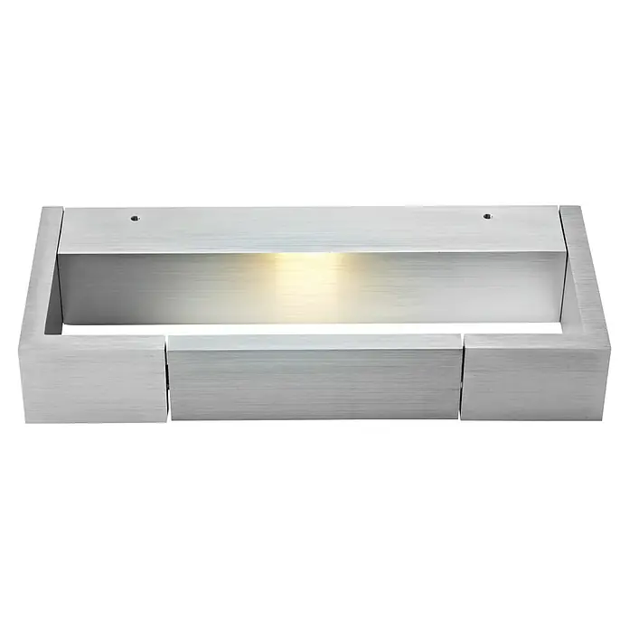 Voltolux Alu-Design Aplique de pared LED Rivoli - 3 W, Plata - Primer plano de una moderna lámpara de pared rectangular de metal cepillado con un brillo cálido. La luz minimalista proporciona una iluminación elegante.