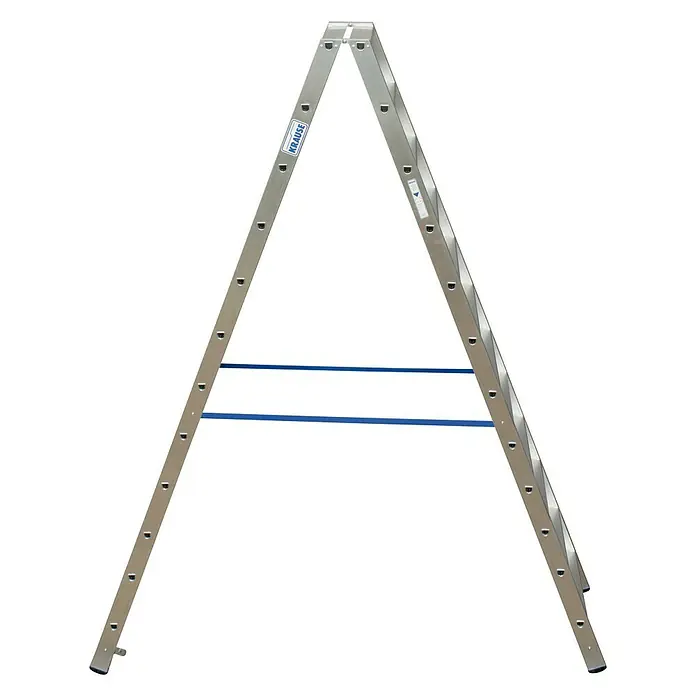 Krause Stabilo Doppelleiter - Anzahl Tritte: 24 Stk., Arbeitshöhe: 4,35 m, Aluminium - Eine silberne Krause-Doppelleiter mit blauen Holmen, ideal für Arbeiten in mittlerer Höhe.