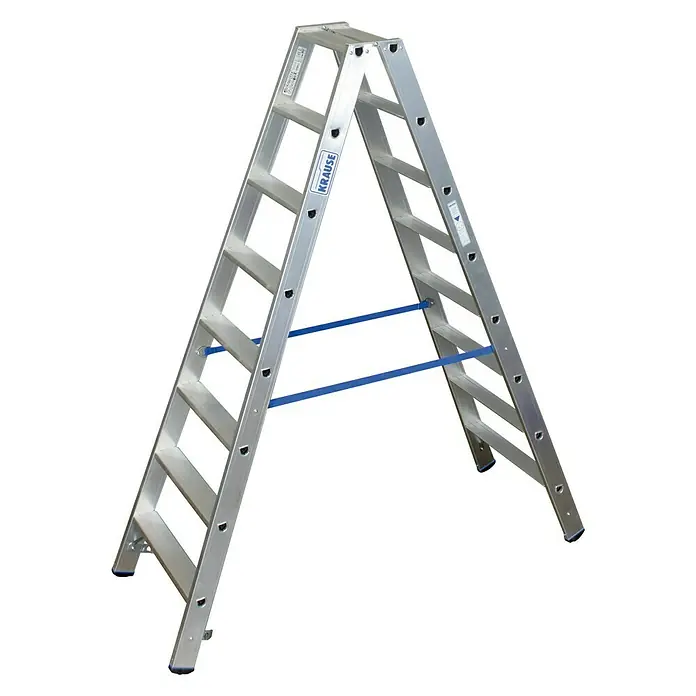 Krause Stabilo Doppelleiter - Anzahl Tritte: 16 Stk., Arbeitshöhe: 3,4 m, Aluminium - Eine freistehende, silberfarbene Krause-Leiter mit blauen Streben in A-Form, ideal für Arbeiten in verschiedenen Höhen.