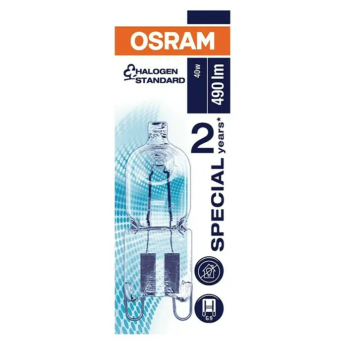 Osram Halogenlampe Halopin Oven - 40 W, G9, 1 Stk., Warmweiß - Nahaufnahme einer OSRAM Halogen Standard Lampe mit 40W und 490lm, die für 2 Jahre Spezialbeleuchtung geeignet ist.