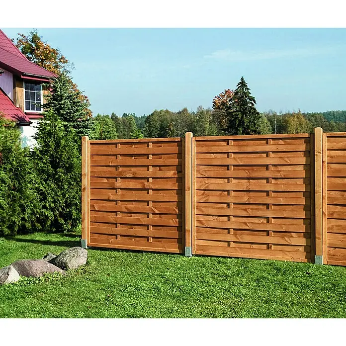 Sichtschutzelement Trier - B x H: 180 x 180 cm, Honig - Eine moderne, braune Holzzaun-Konstruktion, die Privatsphäre und stilvolle Abgrenzung für jeden Garten bietet. Perfekt für ein gemütliches Ambiente im Freien.