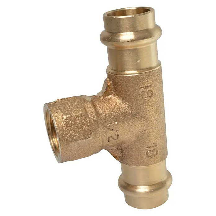 Press-RG-T-Stück - Durchmesser: 18 mm, Innengewinde: ½″, Presskontur: V - Messing T-Stück Verbinder mit 1/2 Zoll Anschluss, ideal für Sanitärinstallationen und Heizungsbau, robust und langlebig.