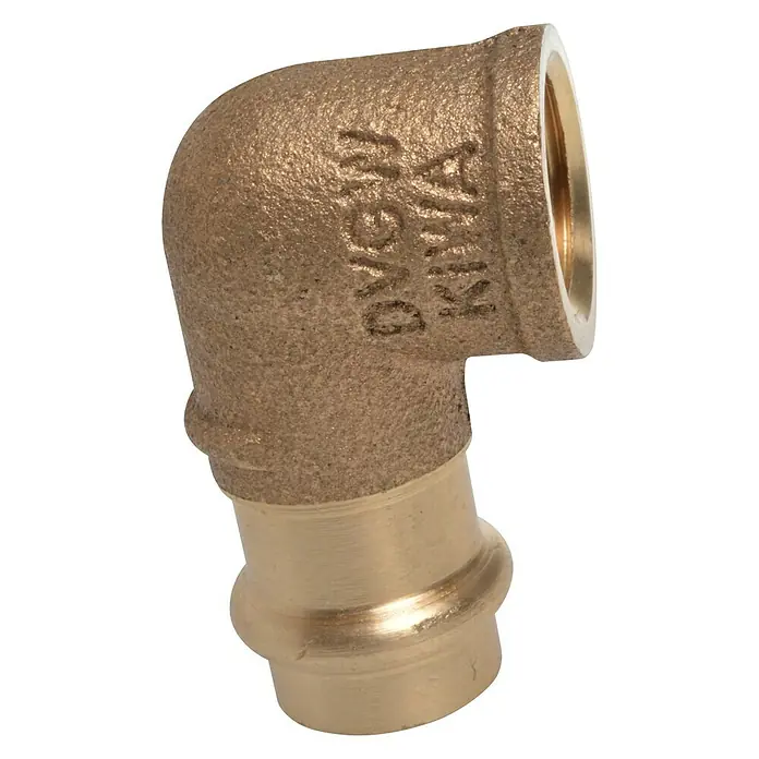 Press-Übergangswinkel - Durchmesser: 15 mm, Innengewinde: ¾″, Presskontur: V - Messing Pressfitting Winkel 90 Grad mit DVGW Kennzeichnung für Sanitär- und Heizungsinstallationen.
