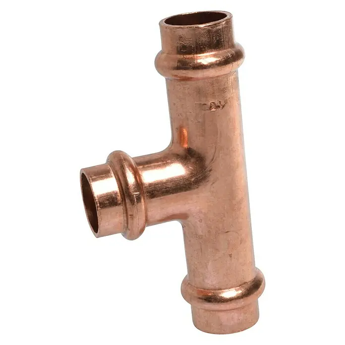 Kupfer-Press-T-Stück CU - 10 Stk., Durchmesser: 15 mm - Kupfer-T-Stück, ein robustes und langlebiges Sanitärteil, ideal für die Verbindung von Rohren in verschiedenen Winkeln.
