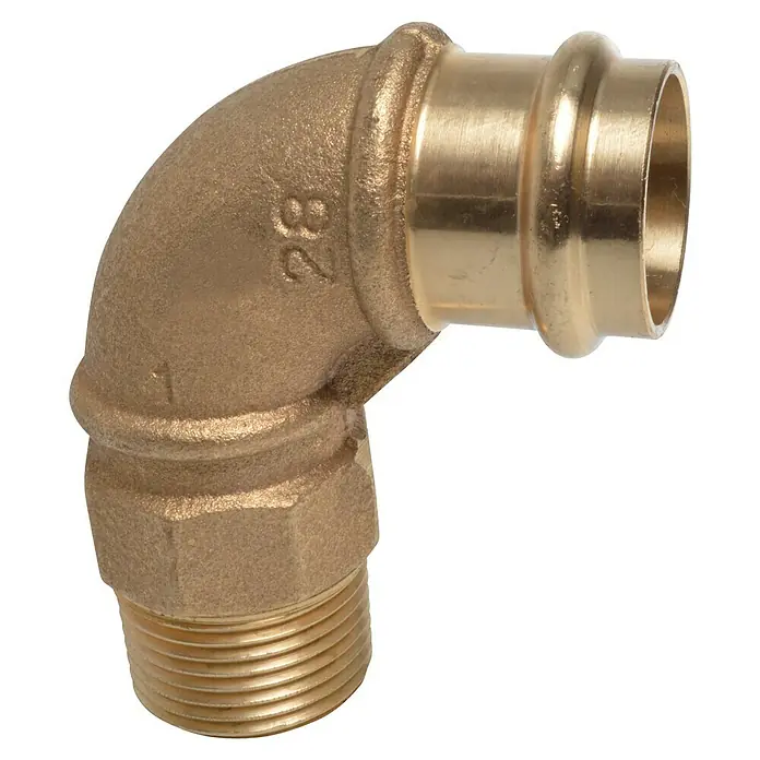 Press-Übergangswinkel - Durchmesser: 28 mm, Außengewinde: 1″, Presskontur: V - Messing-Pressfittingsbogen 90 Grad mit Außengewinde, ideal für Rohrinstallationen und Sanitäranwendungen.