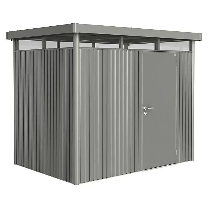 Biohort HighLine Gerätehaus HighLine H2 - Quarzgrau Metallic, Einzeltür, Außenbreite inkl. Dachüberstand: 275 cm, Außentiefe inkl. Dachüberstand: 195 cm, Stahl - Diagonale Ansicht