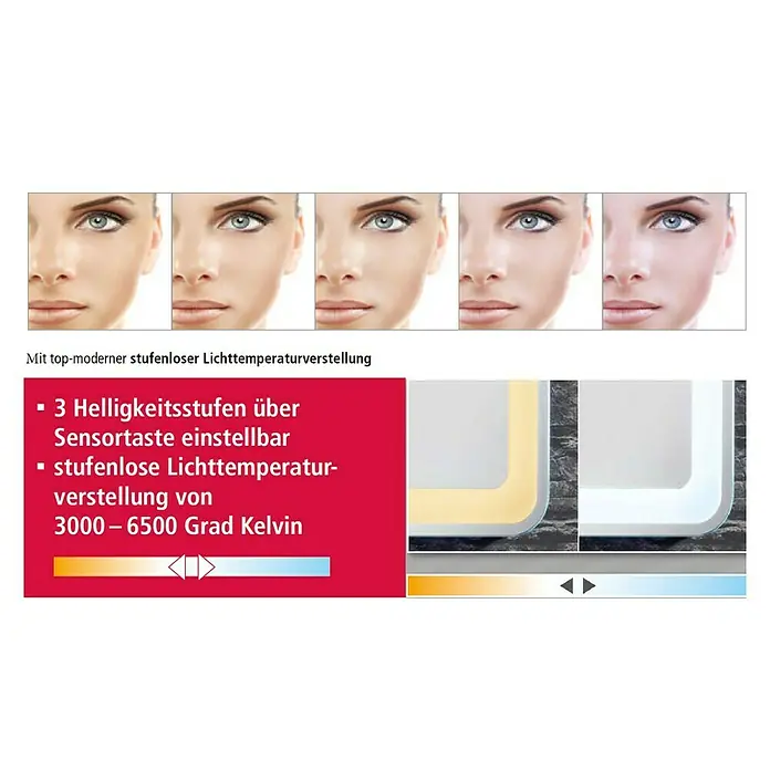 Camargue Stella LED-Lichtspiegel - 60 x 60 cm, Mit eckigen Kanten - Bild von einem beleuchteten Spiegel mit einstellbaren Helligkeits- und Farbtemperaturen für eine optimale Beleuchtung.