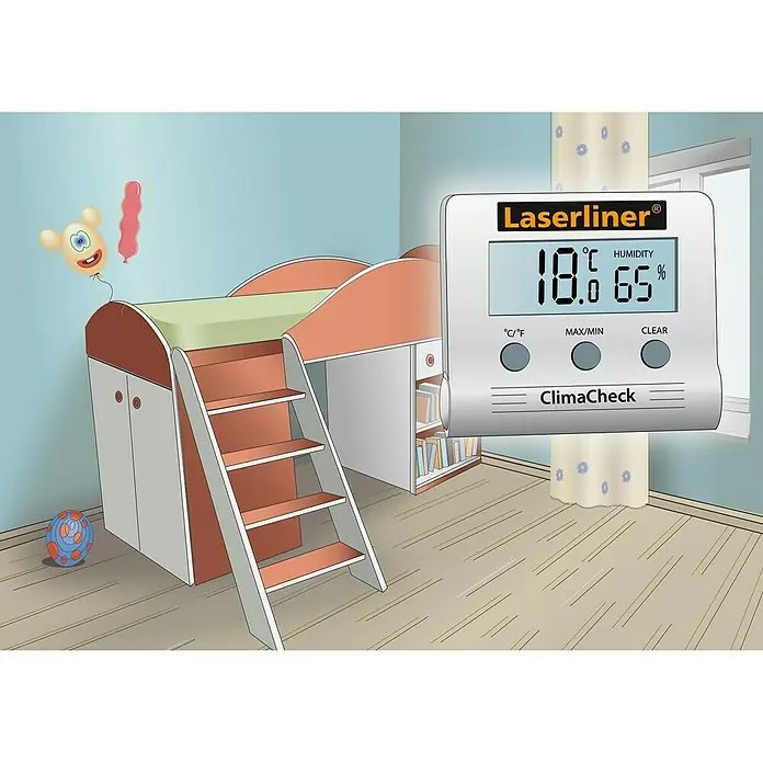 Laserliner Hygrometer - Messbereich Luftfeuchtigkeit: 20 % - 99 % - Illustration eines Laserliner ClimaCheck Feuchtigkeitsmessgeräts in einem Kinderzimmer, das Temperatur und Luftfeuchtigkeit anzeigt.