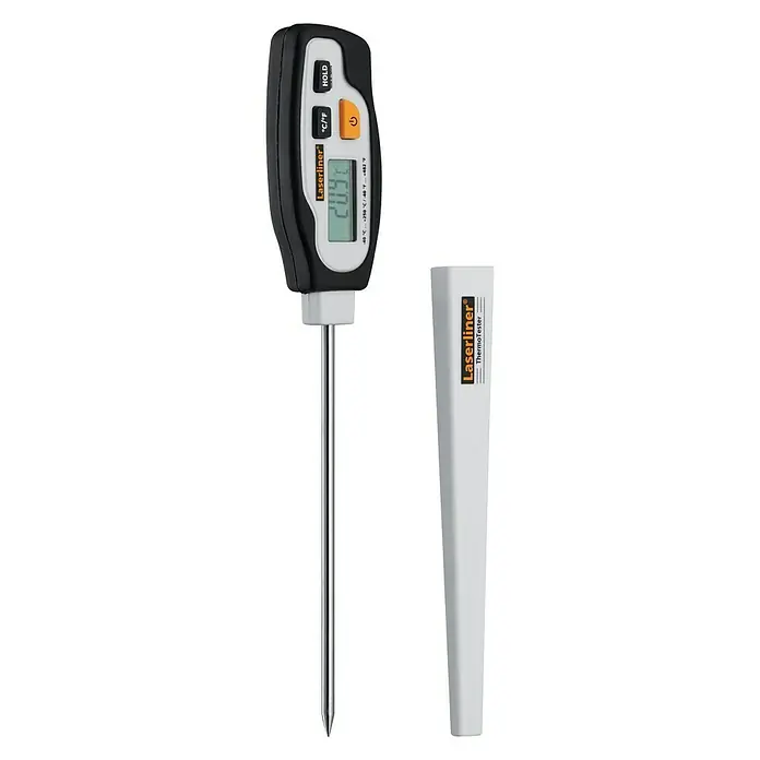 Laserliner Temperaturmessgerät Thermotester - Messbereich: -40 °C bis +250 °C - Ein Laserliner ThermoTester zur Temperaturmessung mit digitaler Anzeige und Schutzhülle für präzise Ergebnisse.