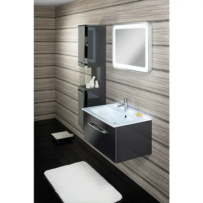 Camargue Stella Waschtischunterschrank - 59,2 x 40,8 x 39 cm, Mit Beleuchtung, Grafit - Elegantes Badezimmer-Ensemble mit Waschtisch, Spiegelschrank und LED-Spiegel. Das moderne Design in Grau und Weiß sorgt für eine stilvolle Atmosphäre.