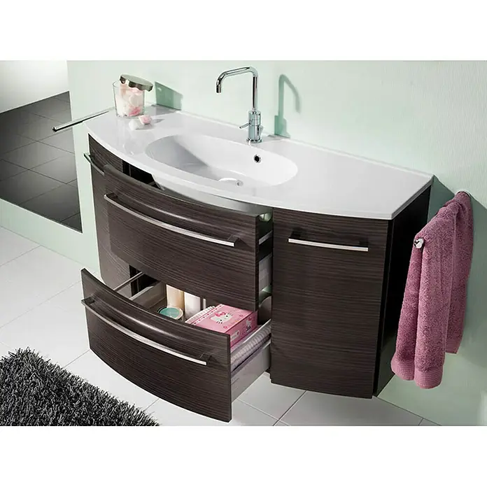 Camargue Swing Einbauwaschbecken - 120,2 x 45,3 cm, Weiß - Modernes Badezimmerwaschbecken mit dunklem Holzschrank, weißer Arbeitsplatte und praktischem Schubladensystem für mehr Stauraum.