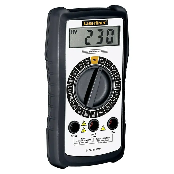 Laserliner Digital-Multimeter - Messbereich Wechselspannung: 200 V - 300 V - Laserliner Multimeter mit digitaler Anzeige und Drehknopf zur Auswahl verschiedener Messbereiche.