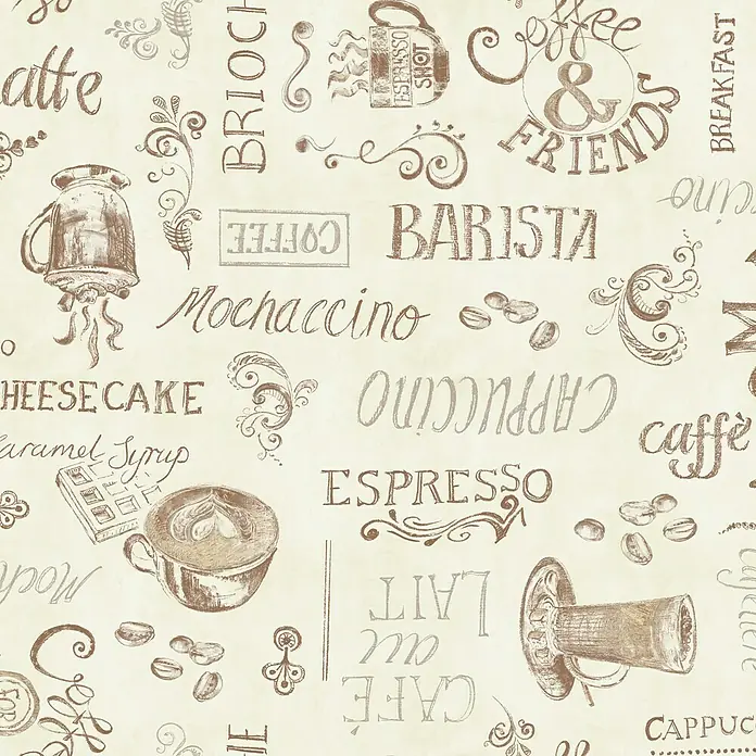D-c-fix Manhattan Tischdecke Meterware Ristretto - Breite: 140 cm, Creme - Abbildung eines nahtlosen Musters mit Kaffeethema, das Kaffeegetränke, Kaffeebohnen und Wörter im Zusammenhang mit Kaffee zeigt.