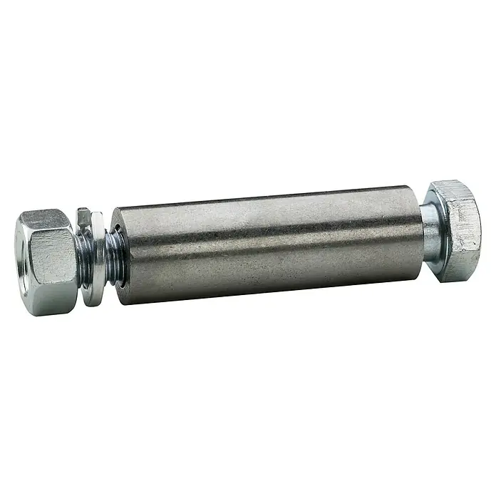 Stabilit Befestigungs-Set - Nabenlänge: 60 mm, Bohrung: 20 mm - Nahaufnahme einer Metallschraube mit Mutter und Scheibe, die auf einer weißen Oberfläche liegt.