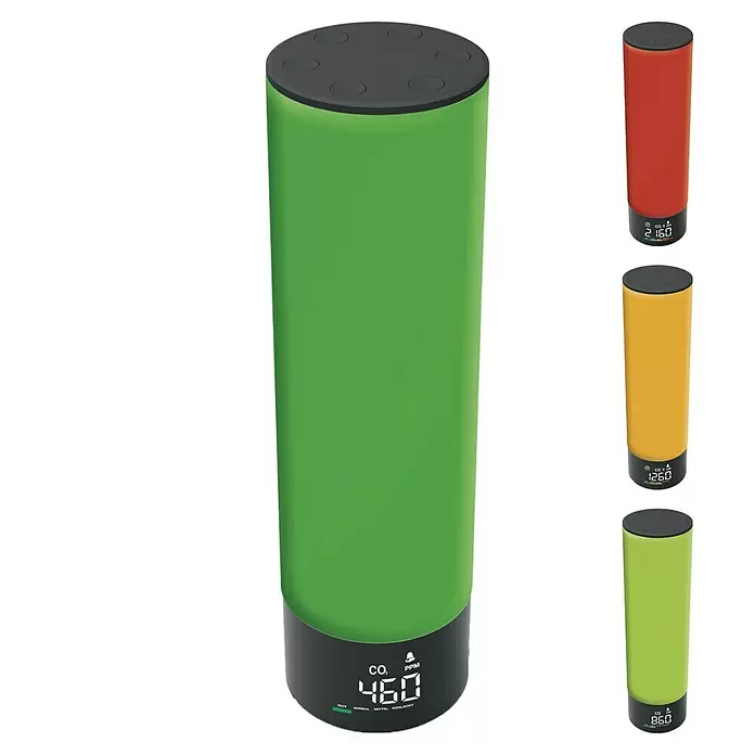 Technoline Luftqualitätsmonitor WL1045 - Netzbetrieben, Digitales Display, 7,9 x 7,8 x 28,2 cm - Vier zylindrische CO2-Monitore: ein großer grüner (460 PPM) und drei kleinere Geräte – rot (2160 PPM), orange (1260 PPM) und hellgrün (860 PPM).