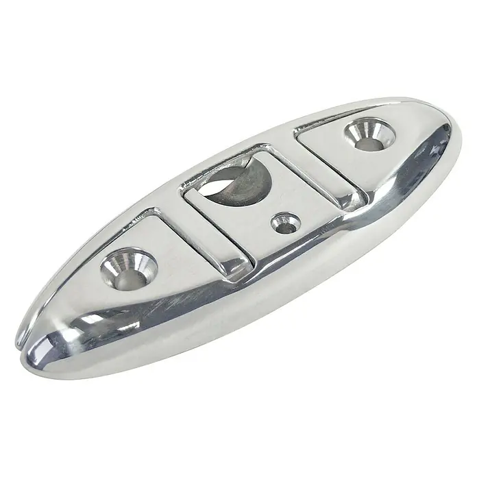 Marinetech Klappklampe - 155 x 54 x 13,5 mm, Edelstahl, A4 - Nahaufnahme einer glänzenden, ovalen Bootsklampe aus Edelstahl mit Befestigungslöchern und einer Öffnung in der Mitte.