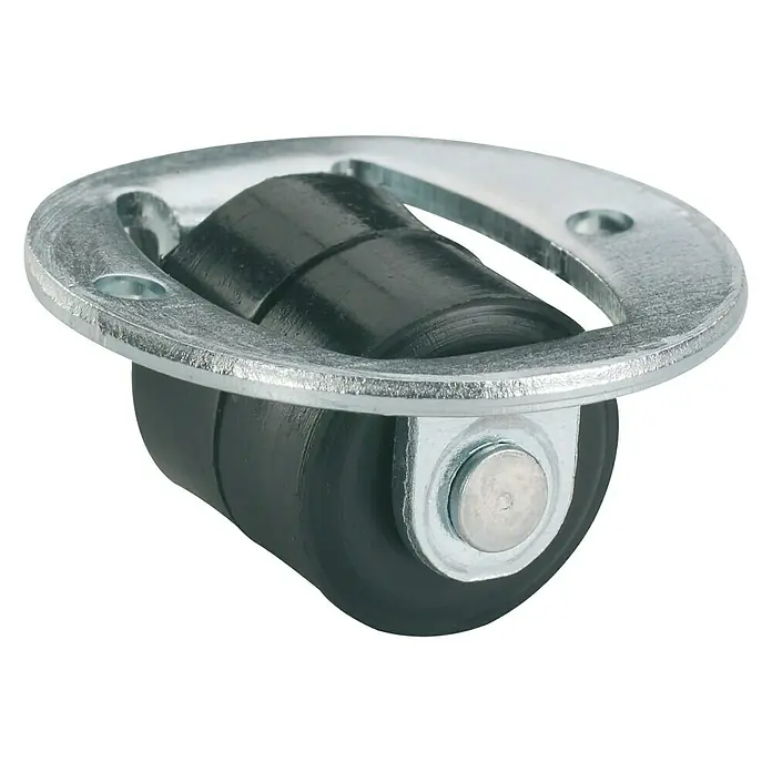 Stabilit KohlenkastenrolleDurchmesser Rollen: 13 mm, Traglast: 15 kg, Gleitlager, 2 Stk. - Nahaufnahme einer Rollenführung mit einer silbernen Halterung und einer schwarzen Rolle, ideal für Möbel oder Geräte.