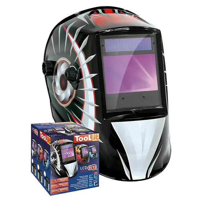Gys Casco de soldadura Zeus Indian - Nivel de protección: 9 ud. - 13 ud. - Casco de soldadura auto-oscurecible TooliT Zeus negro, rojo y blanco con su caja.